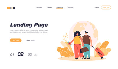 Couple traveling or moving to other country. Man and woman with bag and suitcase, globe background flat vector illustration. Tourism, vacation concept for banner, website design or landing web page