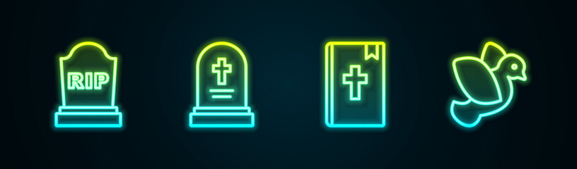 Set line Tombstone with RIP written, Grave tombstone, Holy bible book and Dove. Glowing neon icon. Vector