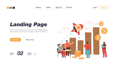 Tiny sales managers looking at growth chart flat vector illustration. Cartoon creative employees launching sales promotion or startup. Business and finance operations concept