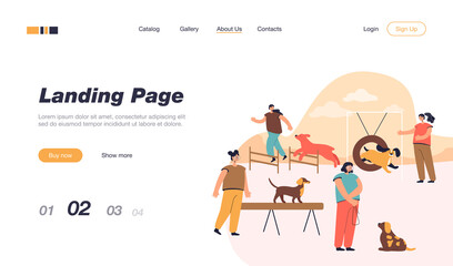 People playing and training their pets on special playground. Flat vector illustration. People training their dogs in city park area. Animal, activity, education, nature concept for banner design