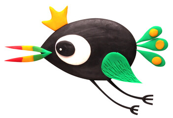 funny kiwi bird in crown, flying, plasticine