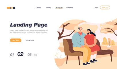 Happy elderly couple sitting on bench in park. Old cartoon characters spending time outside flat vector illustration. Love, relationship, family concept for banner, website design or landing web page