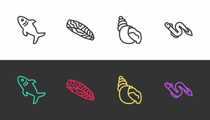 Set line Shark, Fish steak, Scallop sea shell and Eel fish on black and white. Vector