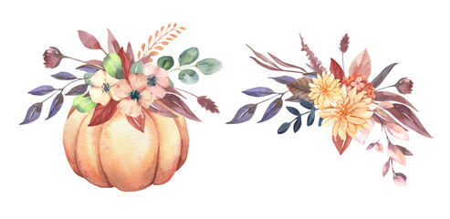 Watercolor Thanksgiving invitations bouquets with hand painted pumpkins, pink flowers. Romantic floral bouquet perfect for wedding greeting cards, invitation. High quality illustration