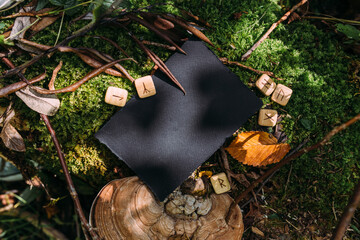 Black craft paper mockup template on the background of forest magic nature