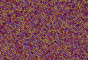 Abstraction, multi-colored mosaic, hexagons, triangles, shapes with notches. Divided mesh. Cutted net. Color grid. Geometric lattice objects.