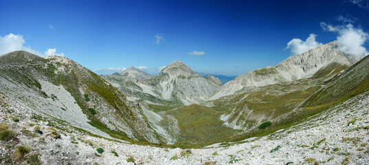 Pizzo Intermesoli mountain and valley panoramic view on the top of the mountain in Campo Imperatore, Gran Sasso National Park, Abruzzo, Italy