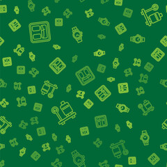 Set line Bathroom scales, Scale with suitcase and Wrist watch on seamless pattern. Vector
