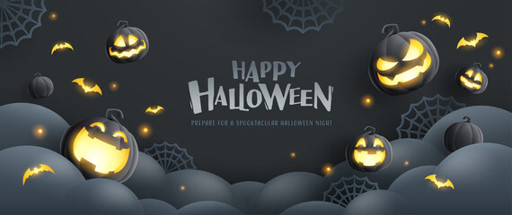 Happy Halloween. Group of 3D illustration black dark glowing pumpkin on treat or trick fun party celebration background design. © ori-artiste