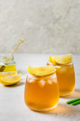 Lemon turmeric honey iced tea. Space for text.