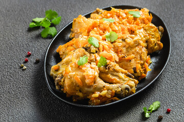 Chakhokhobili, chicken stew in cast iron skillet. Space for text.