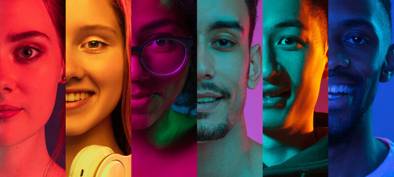 Cropped portraits of group of people on multicolored background in neon light. Collage made of 7 models