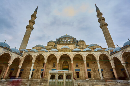 View of the majestic Suleiman Mosque patio, Istanbul, Turkey.