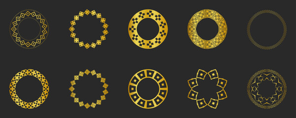 Collection of black backgrounds and golden geometric elements. Set of labels, icons, logos and seamless patterns. Templates with luxury foil for packaging