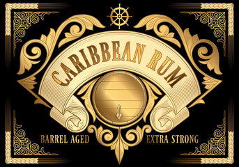 Caribbean Rum - golden ornate vintage decorative label