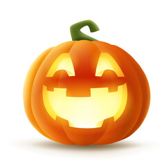 Jack O Lantern. Halloween pumpkin with glowing funny face expression. Isolated.