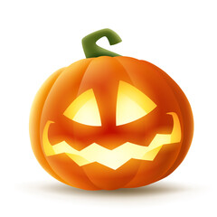 Jack O Lantern. Halloween pumpkin with glowing funny face expression. Isolated.