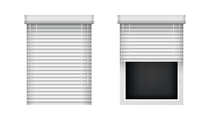 Closed and open horizontal window blinds. Realistic plastic window shutters, front view. Vector jalousie mockup for interior decoration design