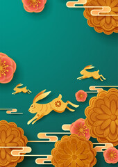 Paper graphic of Mid Autumn Mooncake Festival theme with oriental flower and cute rabbit. Wide copy space for design.