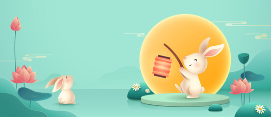 3D illustration of Mid Autumn Mooncake Festival theme with cute rabbit character on podium and paper graphic style of lotus lily pond. Wide copy space for design. 