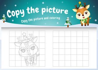 copy the picture kids game and coloring page with a cute deer using christmas costume