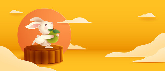 3D illustration of Mid Autumn Mooncake Festival theme with cute rabbit character on mooncake podium on paper graphic oriental cloud scene. Wide copy space for design. 