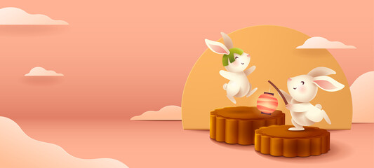 3D illustration of Mid Autumn Mooncake Festival theme with cute rabbit character on mooncake podium on paper graphic oriental cloud scene. Wide copy space for design. 