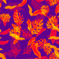 Naklejka premium Monstera Pattern Backdrop. Violet Seamless Design. Nature Illustration. Purple Watercolor Foliage. Tropical Decor. Floral Background. Summer Palm.Isolated Garden.