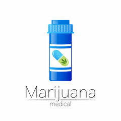 Medical cannabis symbol in vector. Logotype for marijuana, nature herbal medicine, therapy, doctors and store, business. Isolated on white background. Blue and green color. Pill and tablet health care