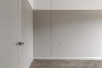 Simple Modern Beige-Grey Wall with grey light switch and grey socket in the Empty Room with open door and oak wood floor. Interior Design Element of contemporary interior design at modern house