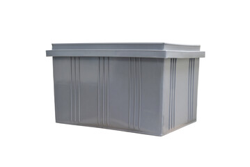 Grey plastic box packaging of finished goods product on white background with clipping paths.