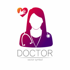 Female doctor and red heart with hand vector logotype. Medicine identity and concept. Logo for clinic, medical, pharmacy, online chat, business, cardiology. Silhouette violet gradient color on white
