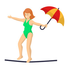 female tightrope walker holding an umbrella Concept, Funambulism Vector Icon Design, Circus characters Symbol, Carnival performer Sign, Festival troupe Stock illustration