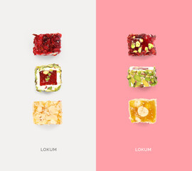 Creative layout made of turkish delights. Flat lay. Food concept. Macro concept.