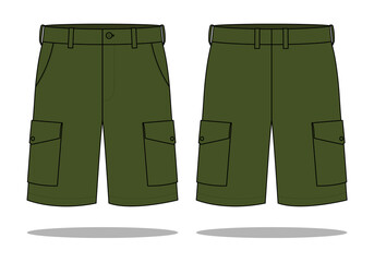 Olive Green Cargo Short Pants Template Vector on White Background.Front and Back View.