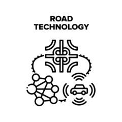 Road Technology Vector Icon Concept. Gps Navigation System Road Technology For Search And Show Route Direction, Car Modern System For Control Driving Process. Multimedia Device Black Illustration