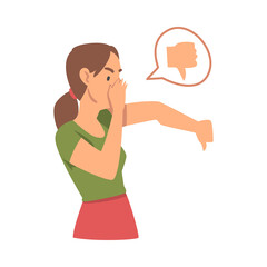 Fototapeta na wymiar Young Angry Woman Character Expressing Discontent in Social Media with Thumb Down Vector Illustration