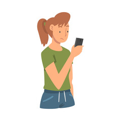 Sad Woman with Smartphone Feeling Negative Emotion Suffering from Bullying in Social Media Vector Illustration