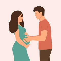 Young Couple Expecting Baby.Pregnant Woman and man. Husband and wife, family.Future parents, pregnancy, motherhood, parenthood concept.  vector illustration