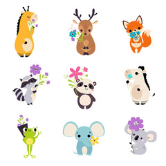 Cute Animal Holding Flower on Stalk with Paws Vector Set