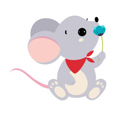Cute Grey Mouse Animal Smelling Flower on Stalk Holding It with Paws Vector Illustration
