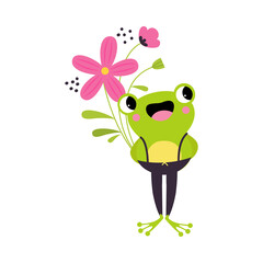 Cute Green Flog Holding Flowers on Stalk Hiding It Behind Its Back Vector Illustration