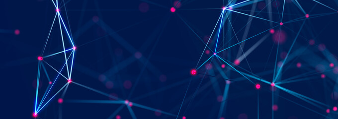 Structure of connected lines and dots. Wireframe polygonal elements on a dark background. Science and technology. 3d