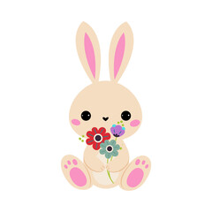 Cute Hare Animal Holding Flower on Stalk with Paws Vector Illustration
