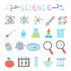 science and icon set, wood painting, color, drawing 
