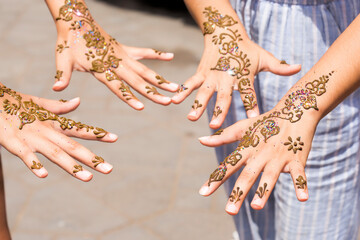 Girls hands with henna tattoos, Morocco, Marrakesh