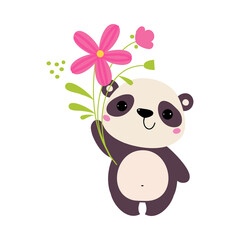 Cute Panda Bear Holding Flower on Green Stalk with Paws Vector Illustration