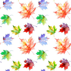 Beautiful seamless pattern of watercolor maple leaves on a white background. Colorful wallpaper made of maple leaves. Beautiful maple leaves isolated on a white background.
