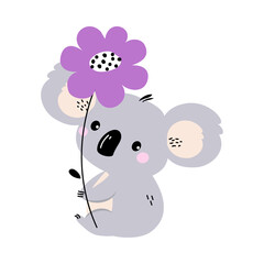 Fototapeta premium Cute Grey Koala Animal Holding Purple Flower on Stalk with Paws Vector Illustration