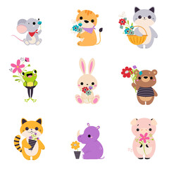 Cute Animal Holding Flower on Stalk with Paws Vector Set